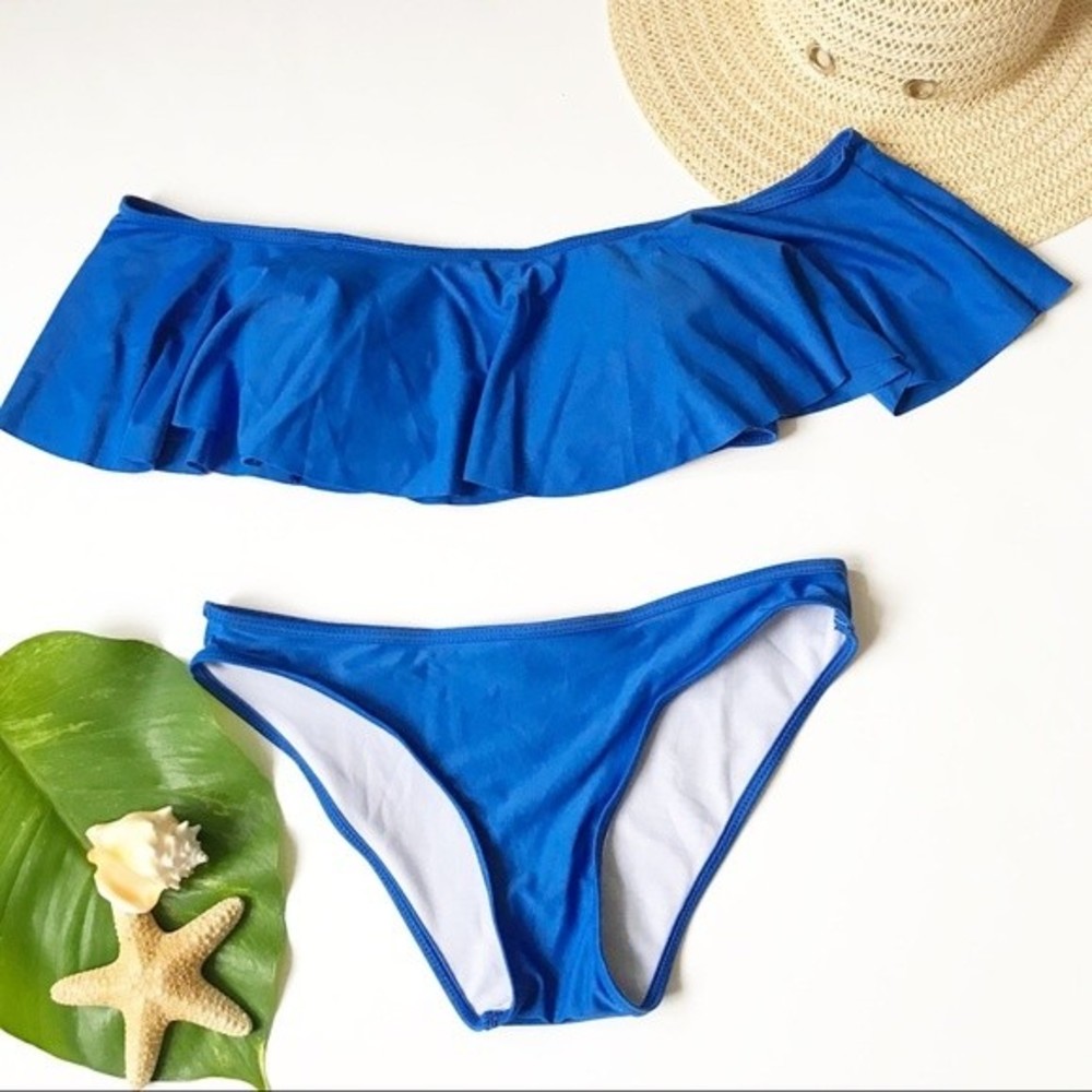 Blue Off Shoulder Flounce Swimsuit Strapless